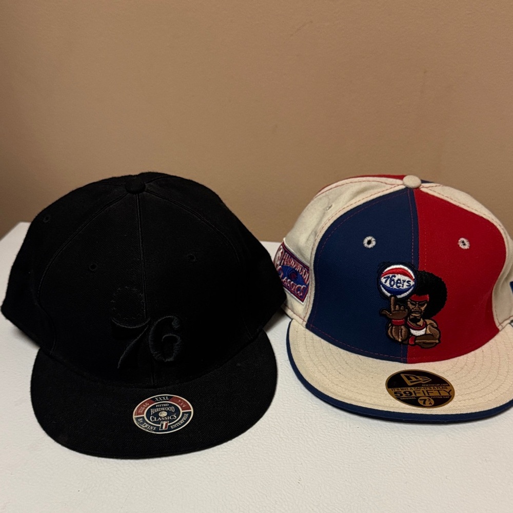 New Era Black Fitted Cap + Red/Blue/White Split 76ers Patch Hat